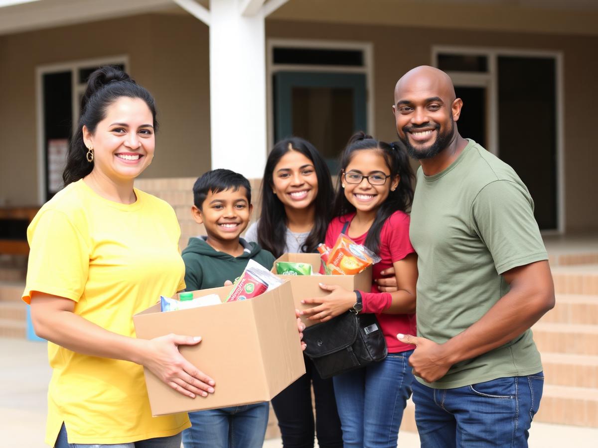 A volunteer handing a box of groceries to a smiling family